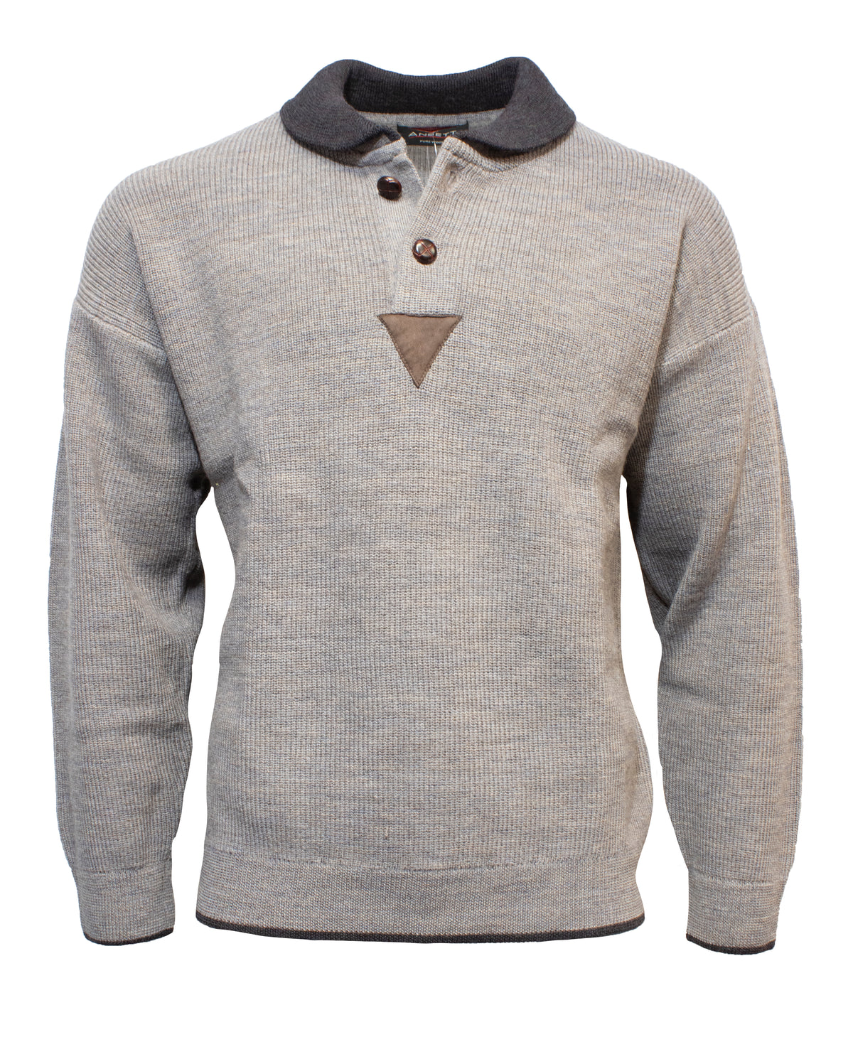 The Ansett Pure Wool Shawl Collar is a gray long-sleeve sweater with a ribbed texture, featuring a buttoned neck with three brown buttons, 100% wool construction, a dark collar, and a small triangular dark fabric patch beneath the buttons.