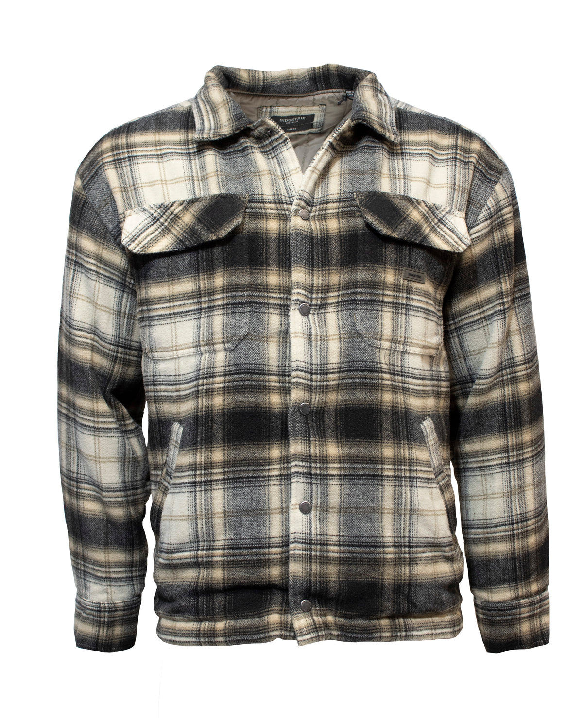 The Industrie The Morelock Overshirt is a plaid jacket with beige, black, and grey squares. It features a button-down front, two chest pockets with flaps, and long sleeves. Made from soft polyester fabric, this padded overshirt offers warmth and comfort for cooler weather.