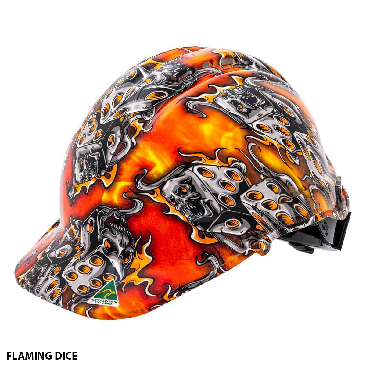 The SSA Custom Hydro Dip Hard Hat Vented is adorned with an intense fiery design featuring dice with flaming eyes. The colors predominantly include shades of orange, red, and black, creating a visually striking and dynamic pattern. Text at the bottom left corner reads "FLAMING DICE." This product is Australian Made and AS/NZS 1801:1997 certified.