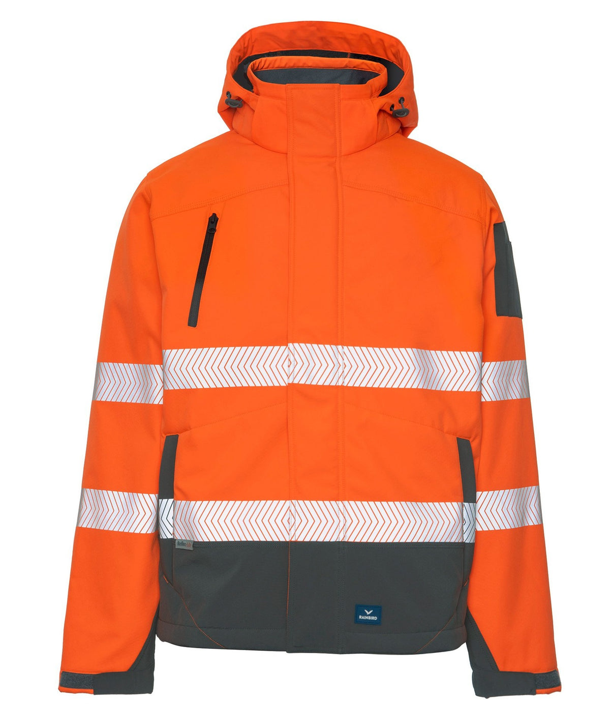 The Rainbird Hi Vis Jones Softshell Sherpa Lined Jacket features an orange hi-vis design with reflective white stripes on the chest, sleeves, and back. It includes waterproof fabric, a high collar, detachable hood, zip chest pocket, and dark gray accents on the lower sleeves and bottom.
