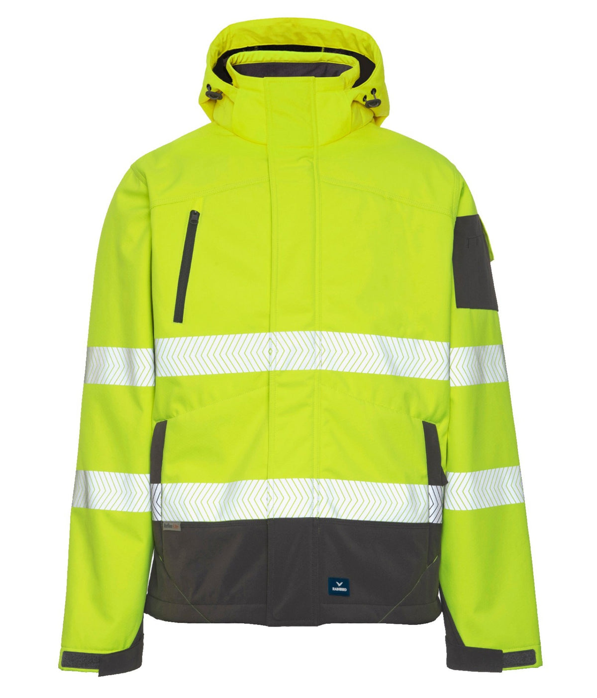 The Rainbird Hi Vis Jones Softshell Sherpa Lined Jacket is yellow with reflective white stripes, a hood, and dark gray accents on pockets and sleeves. Made from waterproof fabric, it offers zippered pockets and a utility-focused design.