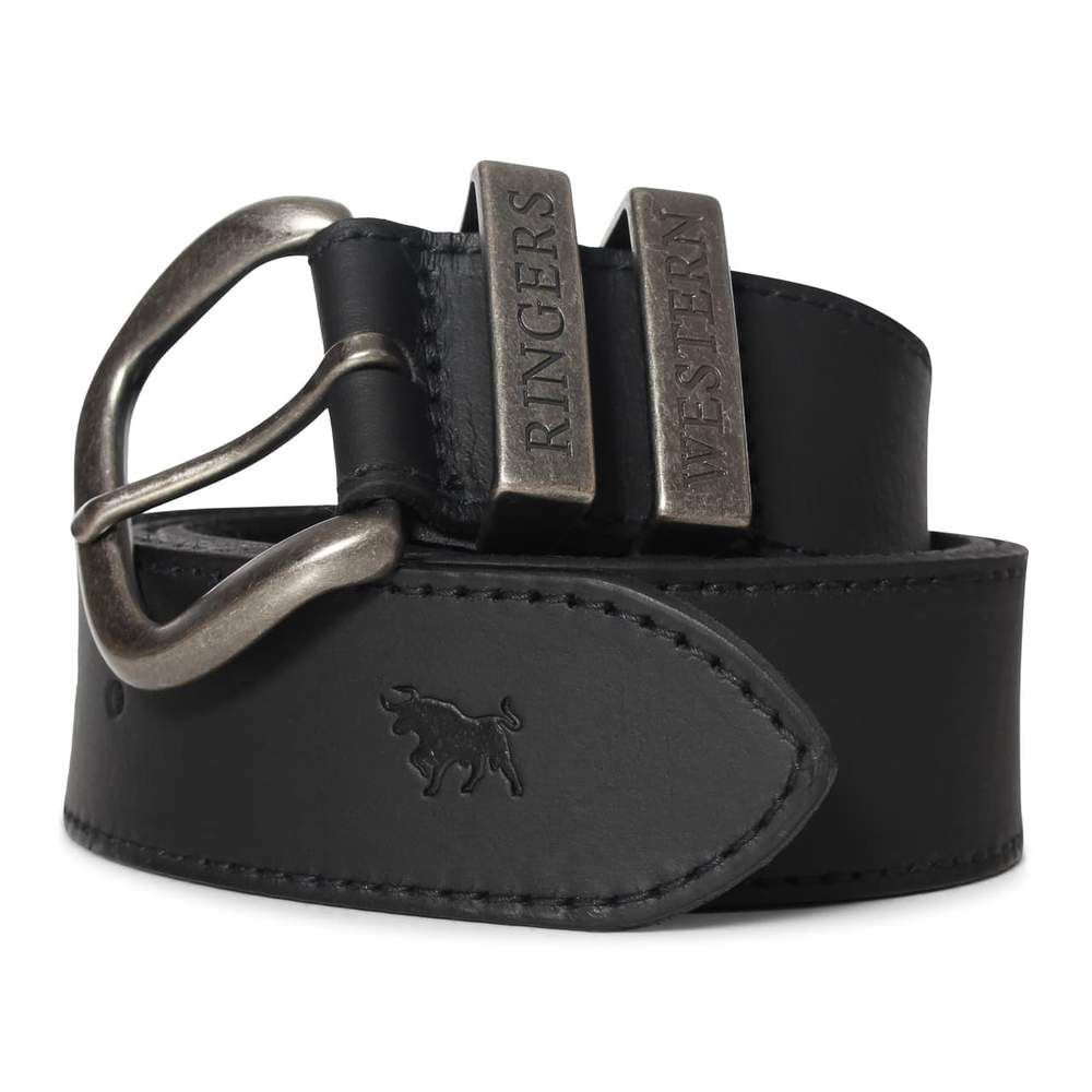 The Ringers Western James Belt is a black, genuine leather belt adorned with intricate detailing. It features two metal loops engraved with "RINGERS WESTERN," a large metallic buckle, and an embossed silhouette of a bull on the leather strap. Proudly Australian Made for quality you can trust.