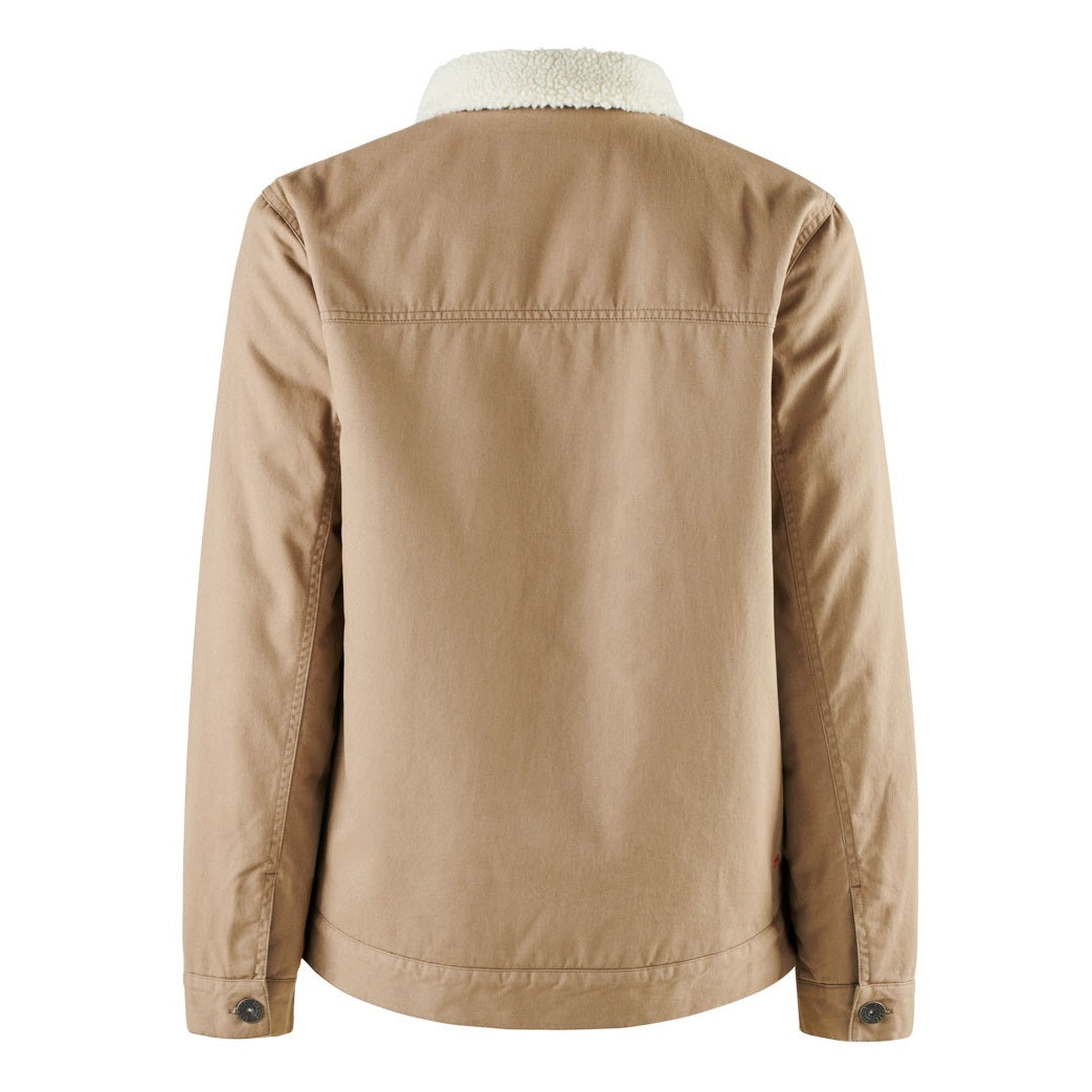 The King Gee Urban Jacket in tan is showcased from the back, displaying its long sleeves and white sherpa-lined collar. The jacket also has buttoned cuffs and sturdy fabric, probably cotton or a similar durable material, ensuring both comfort and hardiness. Notable stitching accents are visible along the seams.