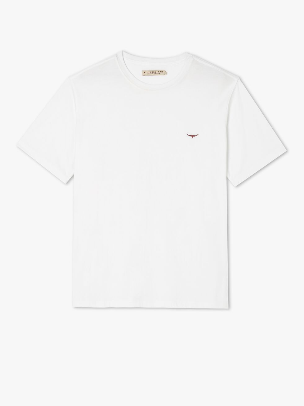 The RM Williams Parson T-Shirt is a plain white cotton jersey short-sleeve classic t-shirt, featuring a small red embroidered logo on the left side of the chest. It boasts a simple round neckline and a straight hem.