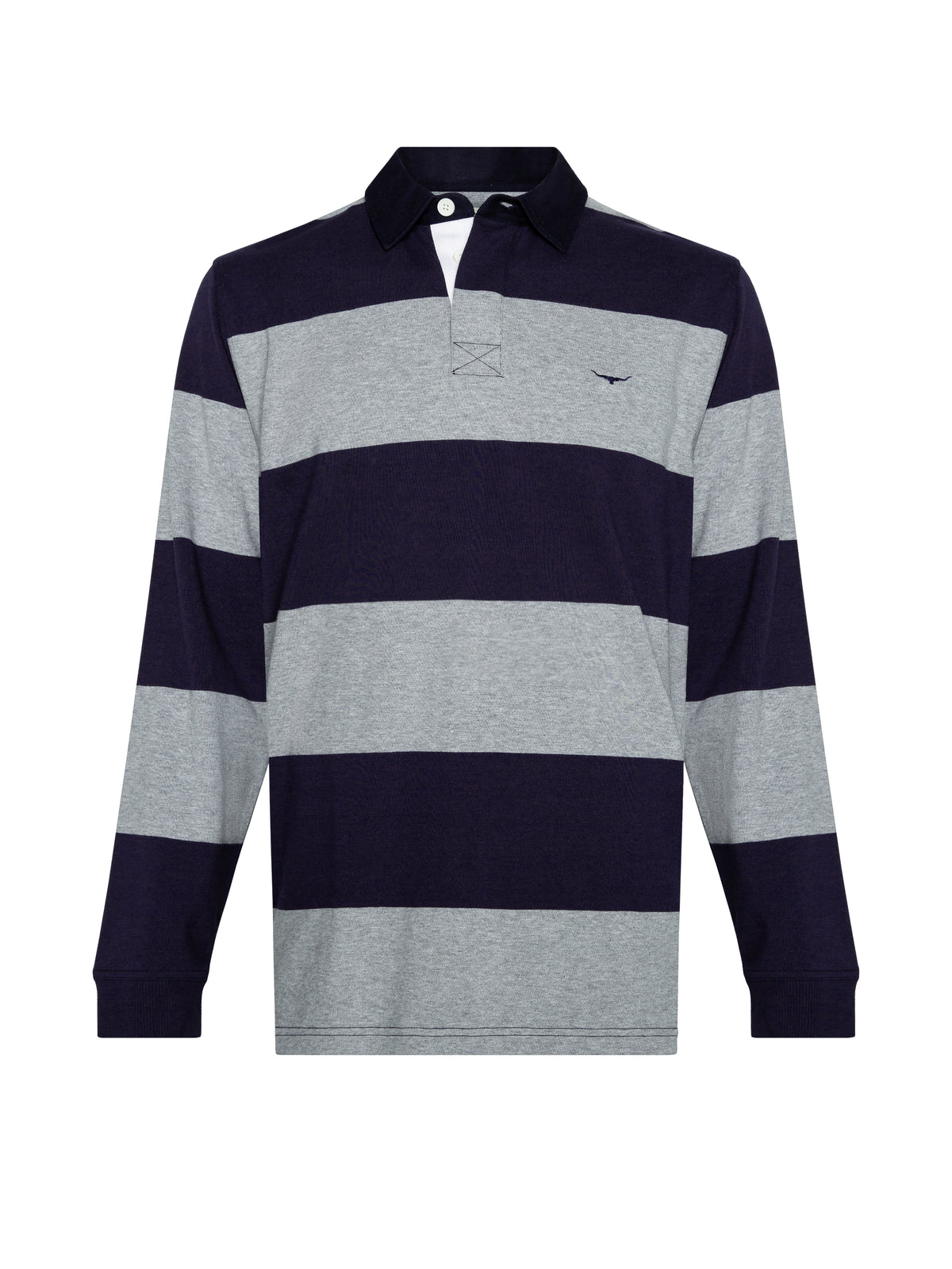 The RM Williams Tweedale Rugby is a long-sleeved, collared shirt made from heavyweight jersey knit, featuring broad horizontal stripes in alternating dark blue and heather gray. Crafted from 100% cotton, the jumper includes a small embroidered logo on the left chest and a contrast black collar.