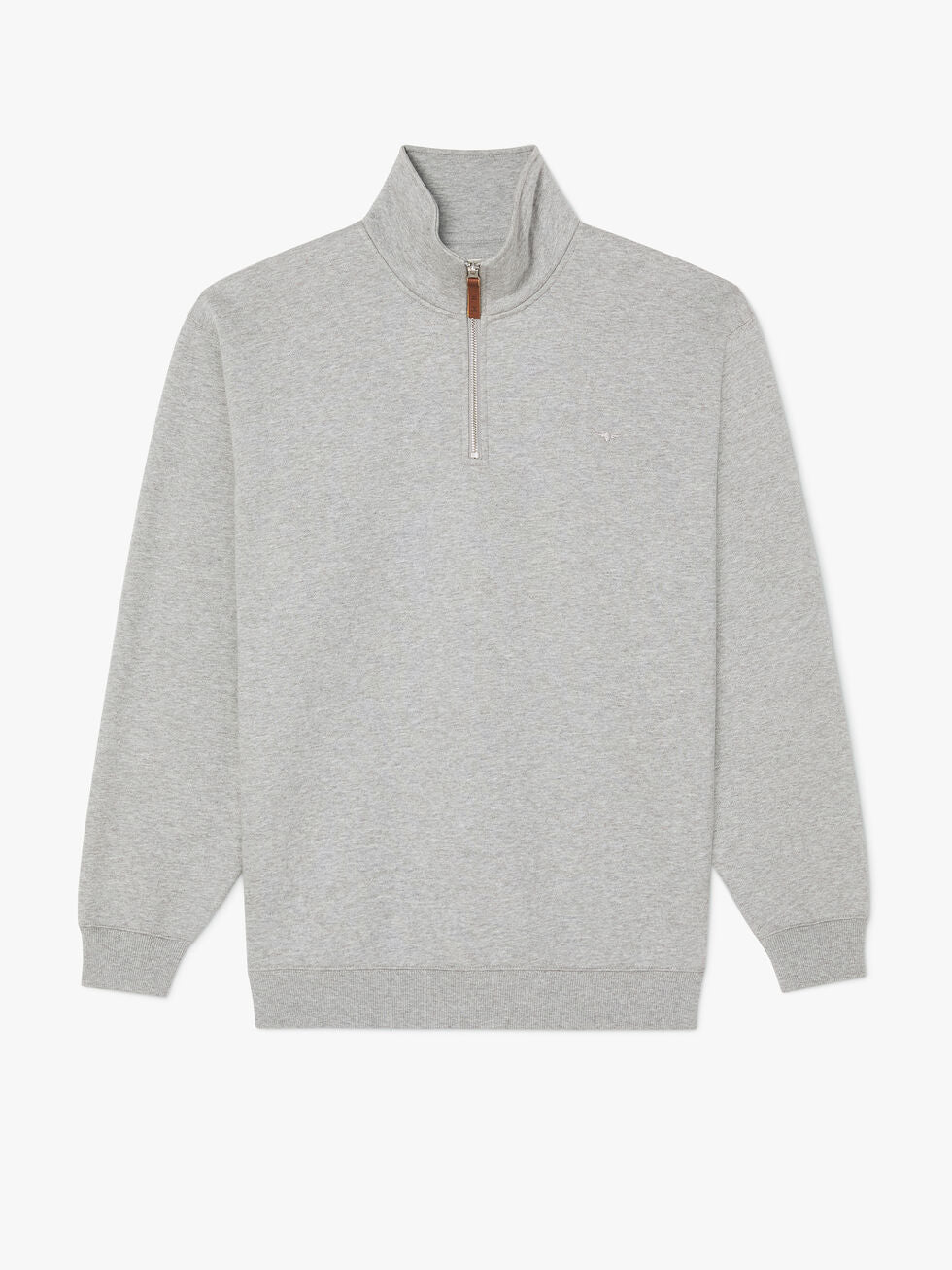 The RM Williams Ernest Sweater is a light gray, long-sleeve pullover with a high quarter-zip neck, brown pull tab, and ribbed cuffs and hem for comfort.