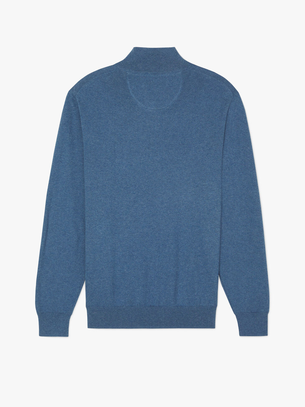 The RM Williams Ernest Sweater, shown in blue and laid flat with a back view, features a ribbed waistband, cuffs, and a short mock-neck collar for timeless style.