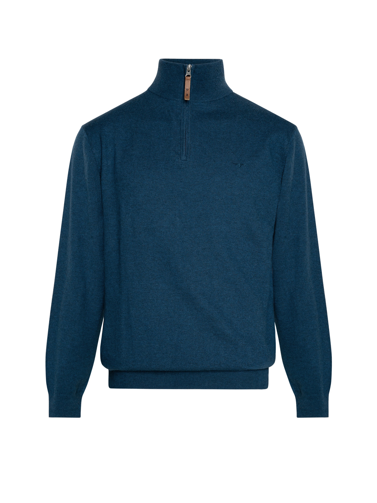 The RM Williams Ernest Sweater in blue features wool fabric, a quarter-zip neck, high collar, and ribbed cuffs and hem for comfortable style.