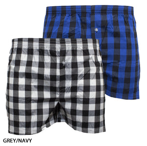 The Koala Nitelife Elastic Waist Boxershort 2 Pack, labeled "GREY/NAVY," showcases two pairs of men's checkered boxers. The pair in the front has a grey and black checkered pattern, while the one in the back features a navy and black checkered design. Both pairs are made from soft touch material and include an elastic waistband with a front button closure.