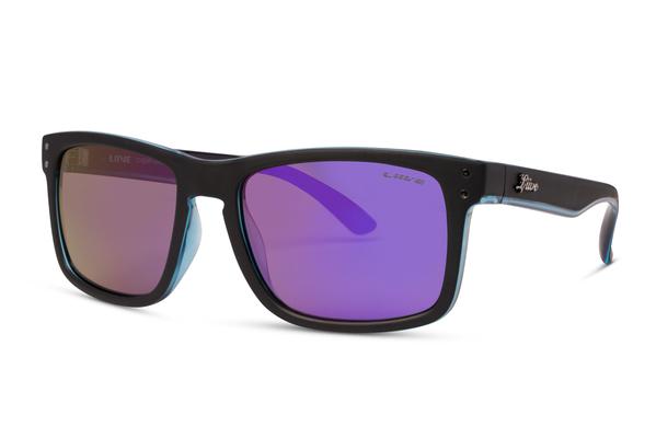 The Liive Cheap Thrill Mirror Sunglasses have a sleek black rectangular frame with purple mirrored lenses, durable polycarbonate construction, subtly blue-tinted edges on the arms, UV protection, and a small logo on one arm.