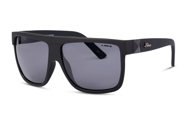 A pair of black wrap-around sunglasses with rectangular frames and polarized grey lenses. The temple showcases a small logo with the brand name "LIVWE" alongside a signature, offering UV protection for your eyes in style. These Liive Roller Polar Sunglasses are perfect for any adventure.
