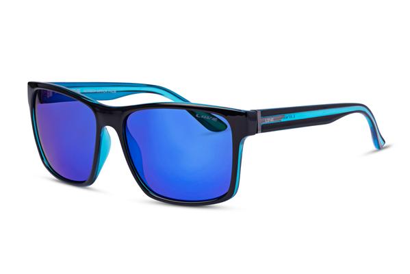 A pair of Liive Kerrbox Mirror Sunglasses featuring modern black frames and reflective cobalt blue mirror finish lenses. The temples are adorned with blue accents and a thin strip in the middle, with the brand name "Liive" prominently printed on the sides near the hinges. These stylish lenses provide UV protection and exude a vibrant cobalt blue hue.