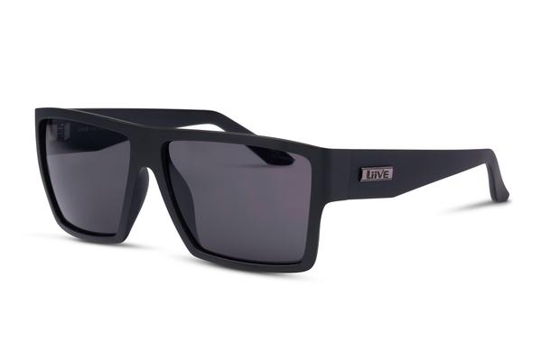 A pair of Liive Volt Sunglasses with black rectangular frames and dark lenses, featuring a sleek and modern design. The matt black frame sports a small rectangular logo with the word "LIVE" in uppercase letters. Crafted from lightweight polycarbonate, these sunglasses offer a contemporary and stylish look.
