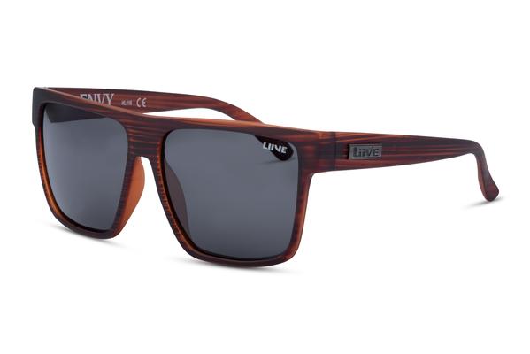 Liive Envy Polar Sunglasses feature dark, rectangular frames with a streaked wood-like pattern and polarised grey lenses for UV protection. Made from lightweight polycarbonate, they sport a sleek look with "LIVE" branding on a small metallic plate on the left arm.