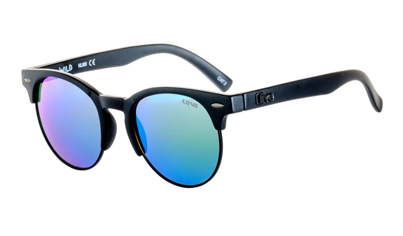 Liive Wild Mirror Polar Sunglasses feature black frames with round, reflective blue-green lenses and silver accents. Made from durable polycarbonate, they provide UV protection. The curved temples showcase branding and offer a modern sleek style perfect for casual wear.