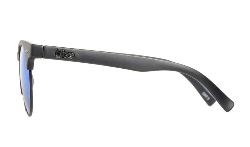 Side view of a pair of Liive Wild Mirror Polar Sunglasses with a matte black finish. The temples prominently showcase the "Hive" logo in relief, and the lenses have a reflective blue tint, providing UV protection.