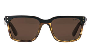 The Liive L.D Polar Sunglasses feature a square frame design with a tortoiseshell pattern on the lower half and solid black on the upper half. They come with brown tinted polarised lenses that offer UV protection and are adorned with silver accents on the front corners and temples.