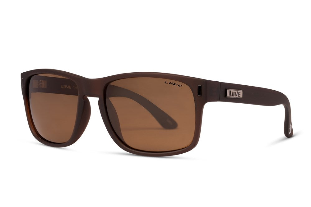 Liive The Lewy Polar Sunglasses are stylish brown rectangular sunglasses with tinted polarised lenses, thick polycarbonate frames, and the "Liive" logo on the arms and upper lens edge.