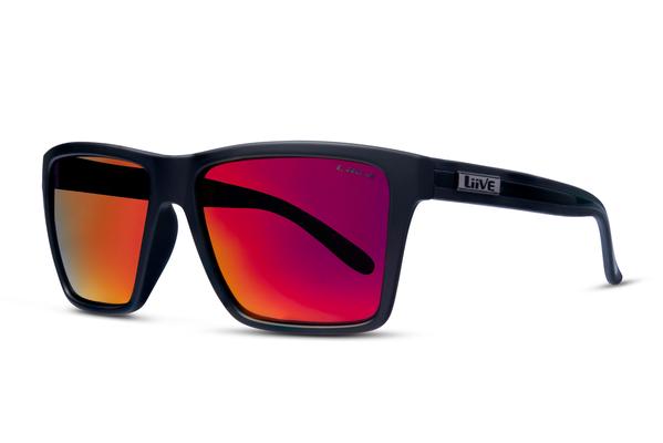 The Liive Bazza Mirror Polar Sunglasses feature black frames and red-orange mirrored polarised lenses with UV protection, a small temple logo, set against a white background.