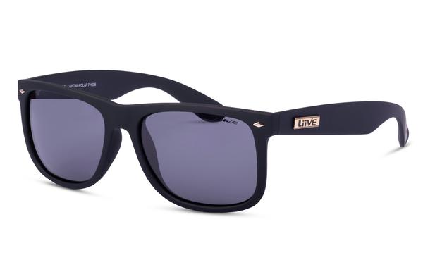 A pair of stylish Liive El Captain Polar Sunglasses featuring a lightweight polycarbonate frame and grey polarized lenses in a rectangular shape. The frame includes a gentle curve and is adorned with a small metallic logo on the temples near the hinges. The sleek, modern design makes these sunglasses suitable for various fashion styles.