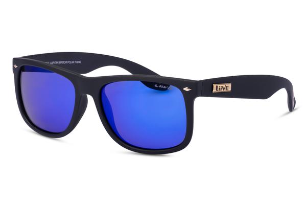The Liive El Capitan Mirror Polar Sunglasses are black rectangular sunglasses with a striking blue mirror finish lens. The frame features a small gold logo on the temples and a subtle silver accent near the hinges, ensuring both style and UV protection.