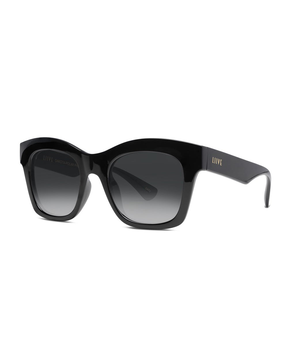 The Liive Dakota Polar Sunglasses feature a subtly curved black frame, dark gradient polarized lenses with UV protection, a glossy finish, and a gold logo on the side, perfectly blending style and functionality.