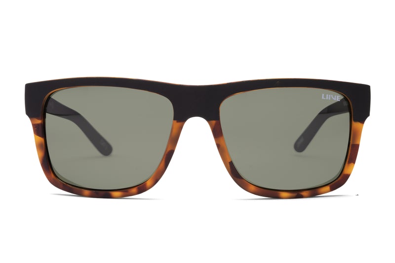 The Liive Sync Polar Sunglasses boast polycarbonate rectangular frames with a solid black top and mottled brown pattern on the bottom and arms. They feature dark lenses that provide UV protection for your eyes.