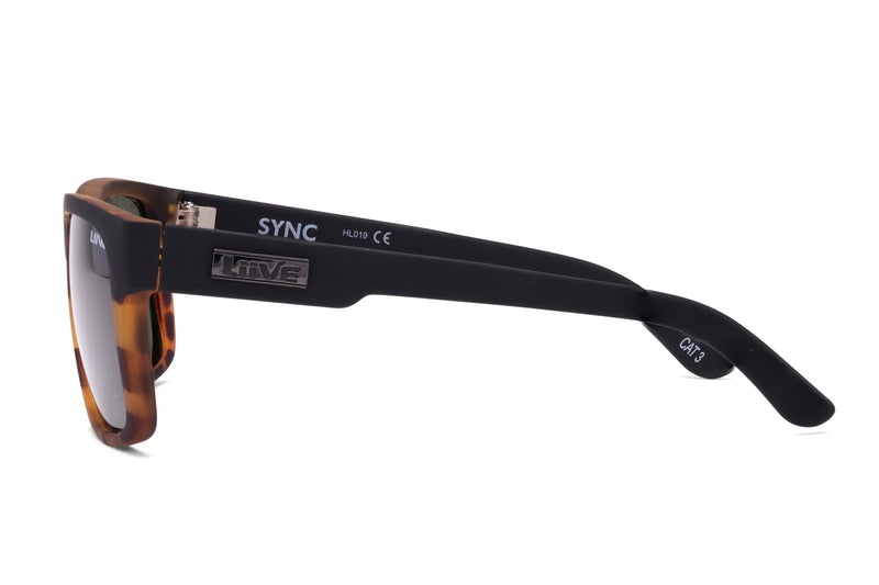 Side view of Liive Sync Polar Sunglasses featuring tortoiseshell accents on a black polycarbonate frame. The arm displays "SYNC" and "CE," with "INTIVE" branding, and a metal emblem near the hinge, blending UV protection with style.