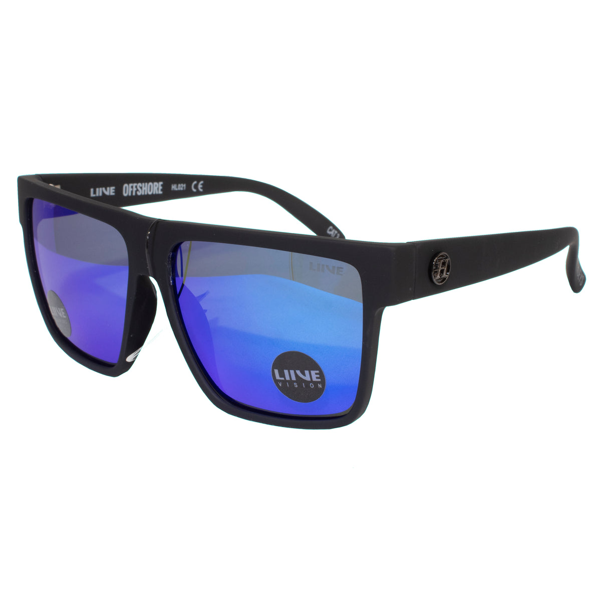 Introducing the Liive Offshore Mirror Polar Sunglasses, a pair of stylish black-framed shades with blue mirrored lenses. The modern, angular design features the "Liive Vision" branding on both the lens and arm. These sunglasses are equipped with polarized grey lenses for enhanced clarity and UV protection, reflecting a vibrant blue tint.