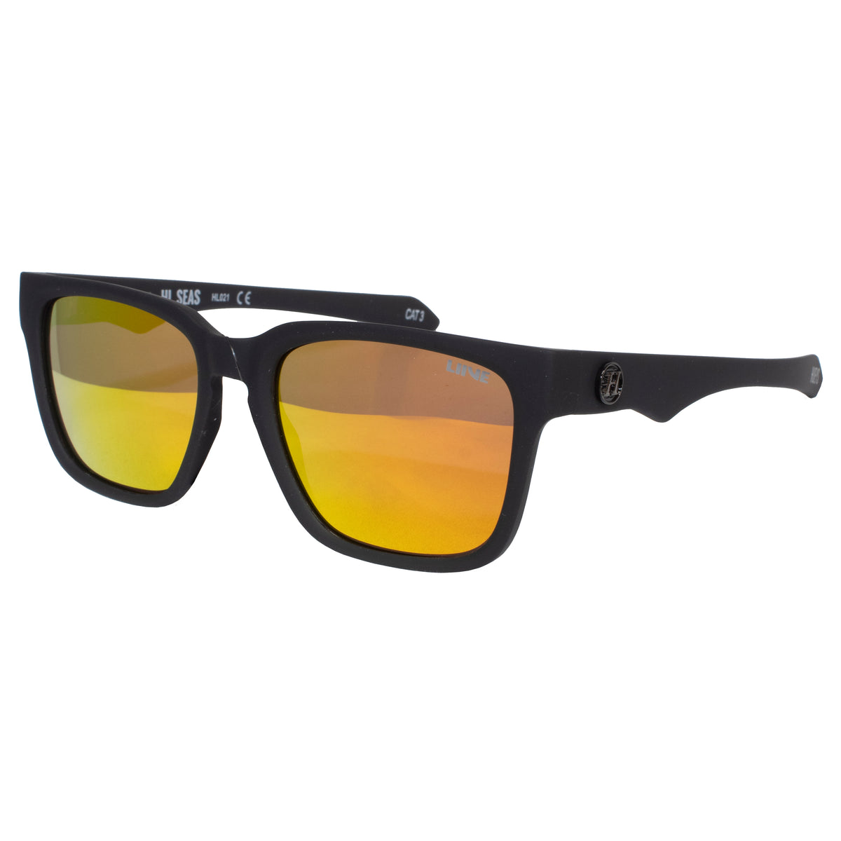 A pair of black full-rim Liive Hi Seas Mirror Polar Sunglasses with rectangular frames and mirrored golden-yellow lenses. The left temple arm features a small circular logo in black, and the interior has text details including lens specifications and "LUNE" branding, offering UV protection.
