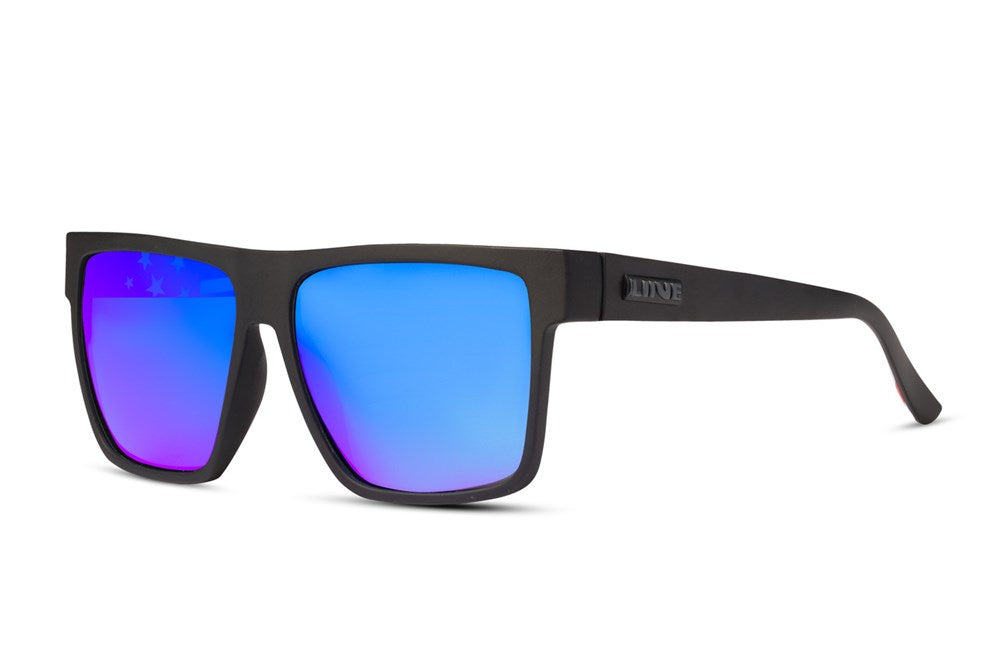 Liive Envy Mirror Polar Float Oz sunglasses feature square, black-framed design with vibrant blue and purple gradient mirrored lenses. The brand logo is subtly visible on the black temple arms, set against a white background.