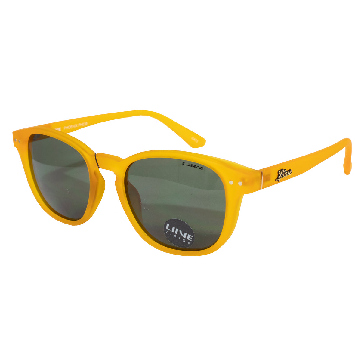 A pair of Liive Phoenix Sunglasses with a yellow polycarbonate frame, dark lenses, and small circular metal accents near the hinges. The brand "Liive" is printed on the lenses, with additional branding on both the inside and outside of the temples, offering stylish UV protection.