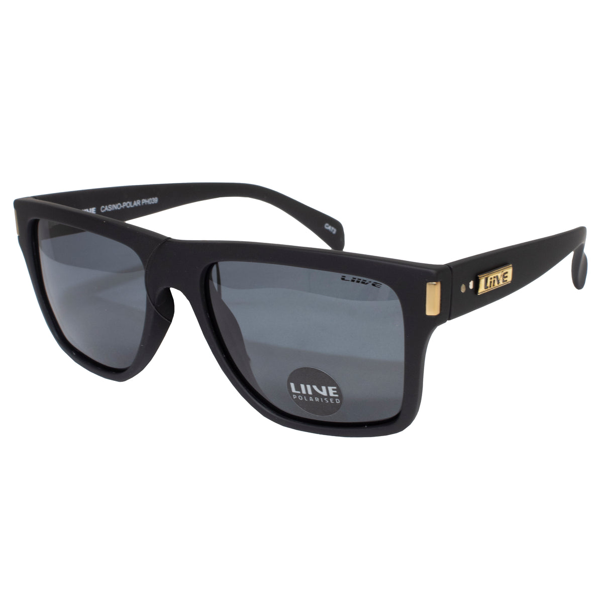A pair of Liive Dakota sunglasses with black square frames and dark polarized lenses, featuring the word "LIVE" visible on the right lens sticker. The lightweight arms are accented with gold detailing and have "LIVE" engraved on the sides.