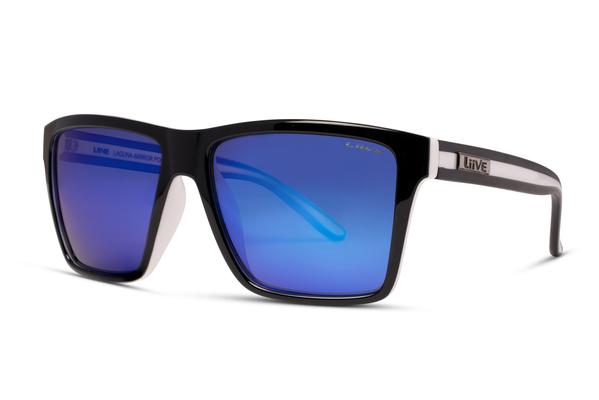 The Liive Laguna Mirror Polar Sunglasses boast black, angular frames with blue mirrored lenses. The temples are adorned with a thin white stripe running along the sides, and the word "Liive" is printed near the hinges on the outer part of the temples. These polarised sunglasses provide UV protection, ensuring clear vision in bright conditions.