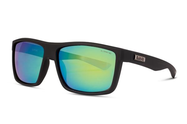 A pair of Liive Tuban Mirror Polar Sunglasses with black frames and green-tinted, reflective lenses is shown against a white background. The lightweight polycarbonate sunglasses feature "Liive" branding visibly etched on the side, ensuring both style and UV protection.