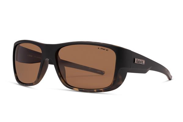 Introducing Liive The Admiral Polar Sunglasses: a pair of dark brown, rectangular-framed sunglasses featuring polarized brown lenses with UV protection. The frame boasts a subtle tortoiseshell pattern on the lower parts. The brand name "Liive" is visible on the top corner of the right lens and on the side arm.