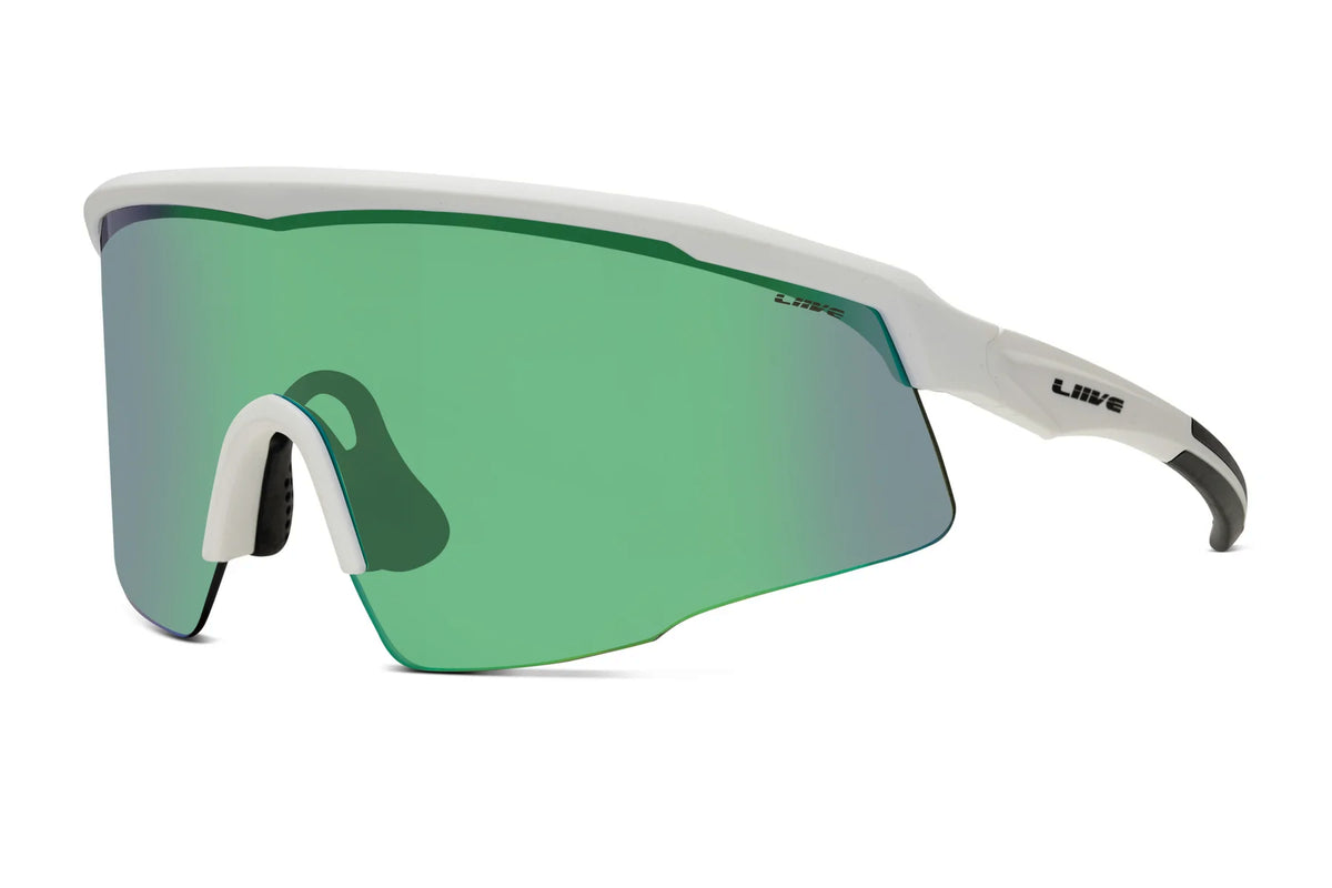 The Liive Dealer Mirror Sunglasses feature a sleek white frame, a large green-tinted polycarbonate lens with UV protection, and black accents on the nose and temple tips—ideal for athletic or outdoor use.