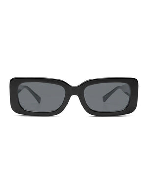 The Liive Crush Sunglasses feature a contemporary, minimalist design with rectangular black frames and dark lenses that provide UV protection. They have straight edges, slightly chunky frames, and matching straight temples that complete their stylish look.