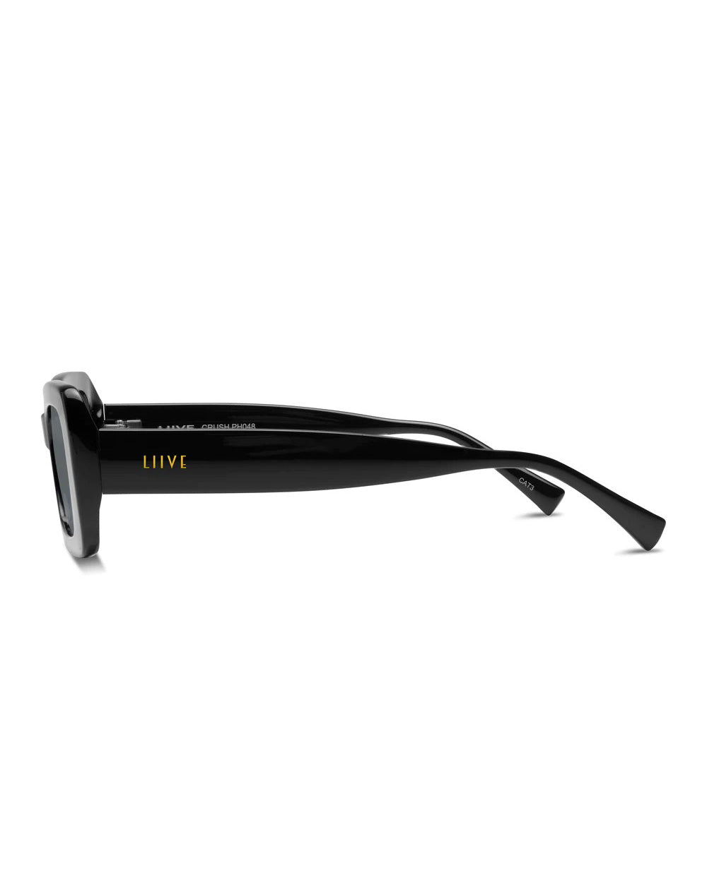 The Liive Crush Sunglasses are featured in a side view, showcasing their sleek black frames with a glossy finish. The brand name "Liive" is displayed in small yellow letters on the temple arm. These sunglasses provide UV protection and have a modern, minimalist design with slightly curved arms.