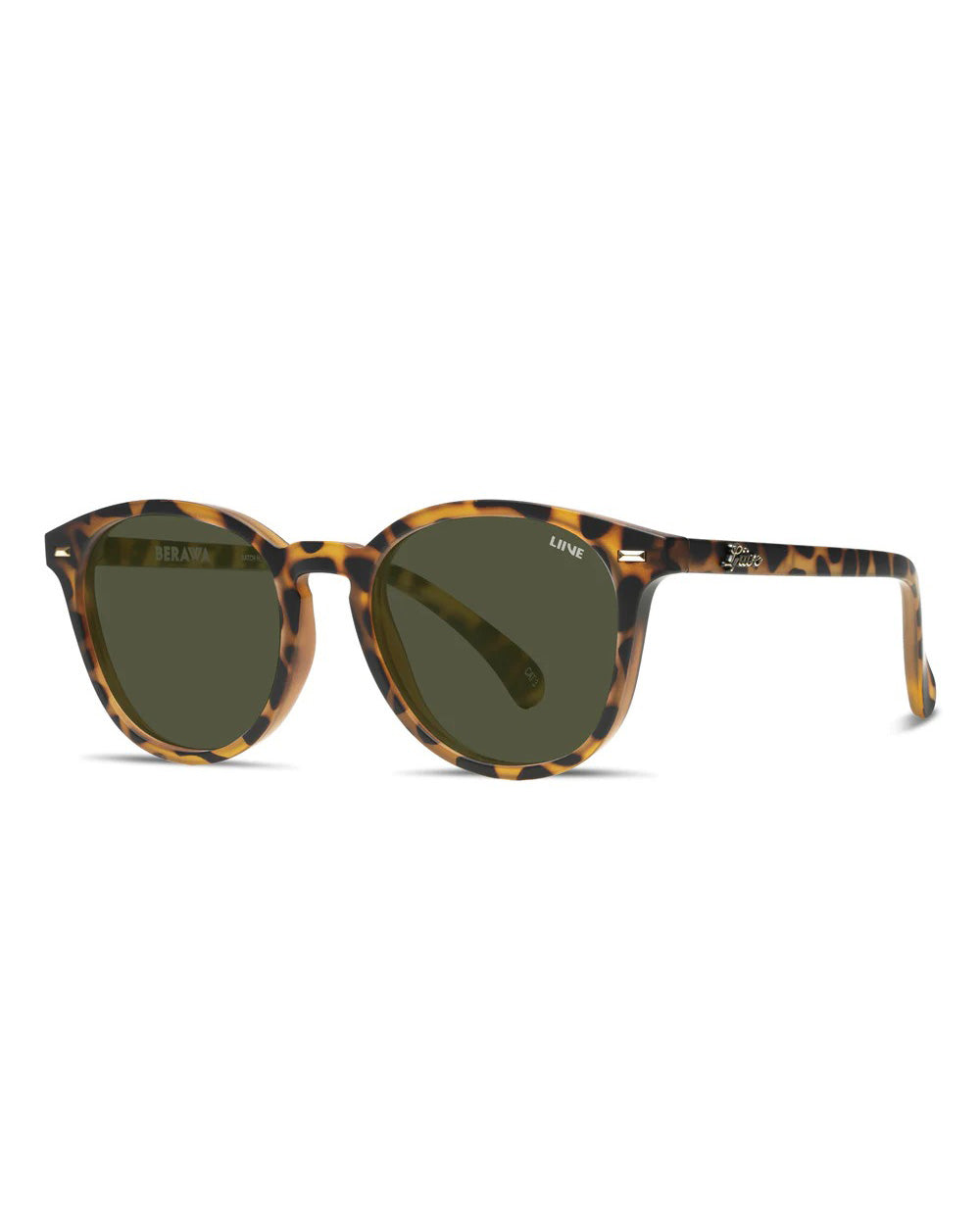 Liive Berawa Polar Sunglasses feature tortoise shell round frames with dark polarized lenses for UV protection. The brown frame has lighter spotted patterns and a small logo on one arm, highlighting the stylish design from any angle.