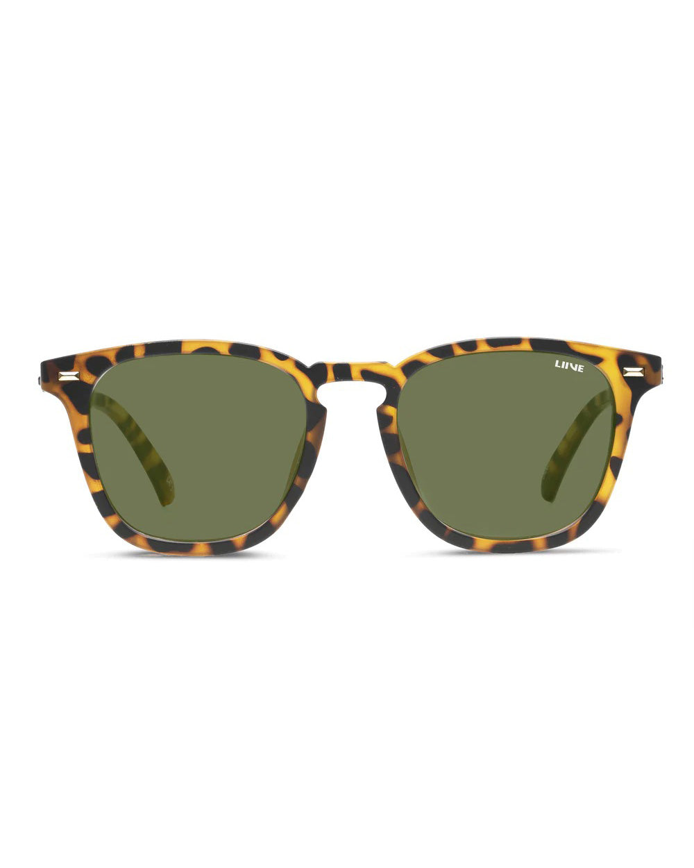 Liive Berawa Polar Sunglasses with a tortoiseshell wayfarer frame and green polarized lenses are presented against a plain white background, featuring subtle branding on the upper corner of the right UV protection lens.
