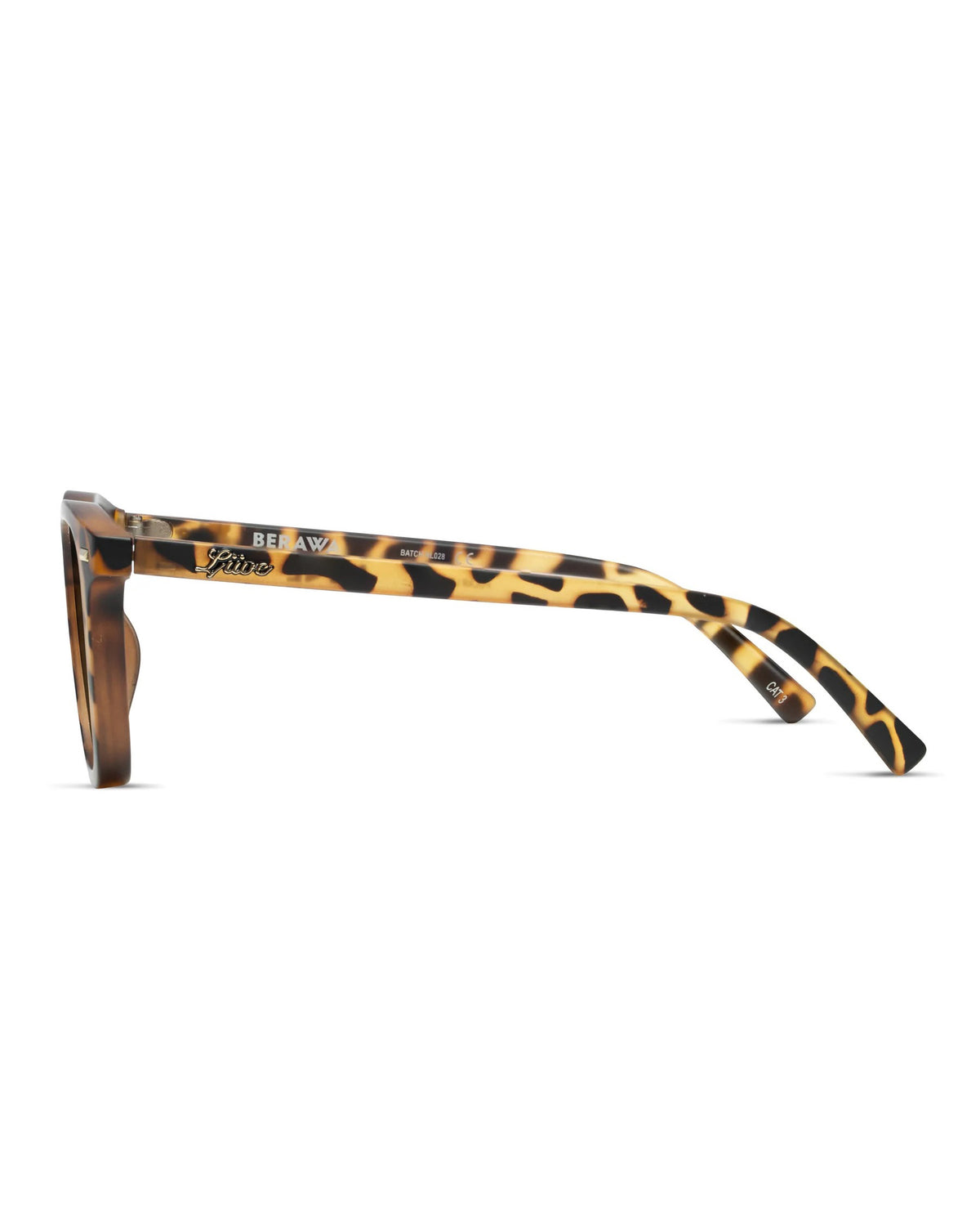 Side view of the Liive Berawa Polar Sunglasses with a tortoiseshell pattern, featuring polarized lenses and "BE RAW" and "foster grant" inscribed on the temples.