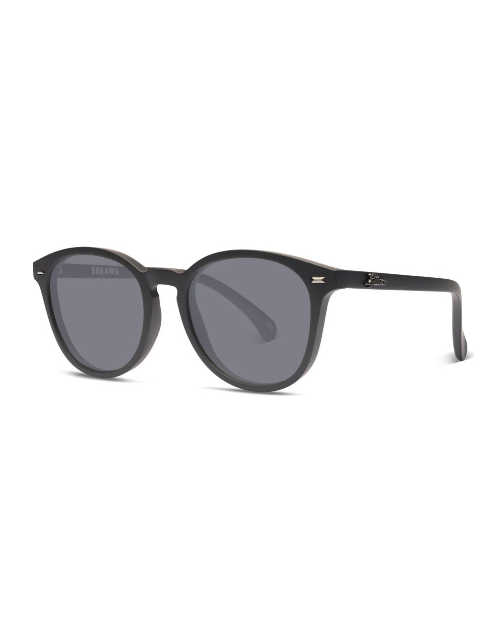 Liive Berawa Polar Sunglasses are round, matte black with dark lenses, featuring subtle gold temple details. These frames boast a sleek, modern design and offer excellent UV protection for your eyes.
