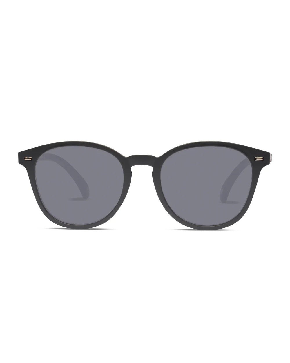 Liive Berawa Polar Sunglasses featuring black, slightly rounded frames with polarized lenses and subtle metallic hinge details are displayed against a white background, offering style and UV protection.