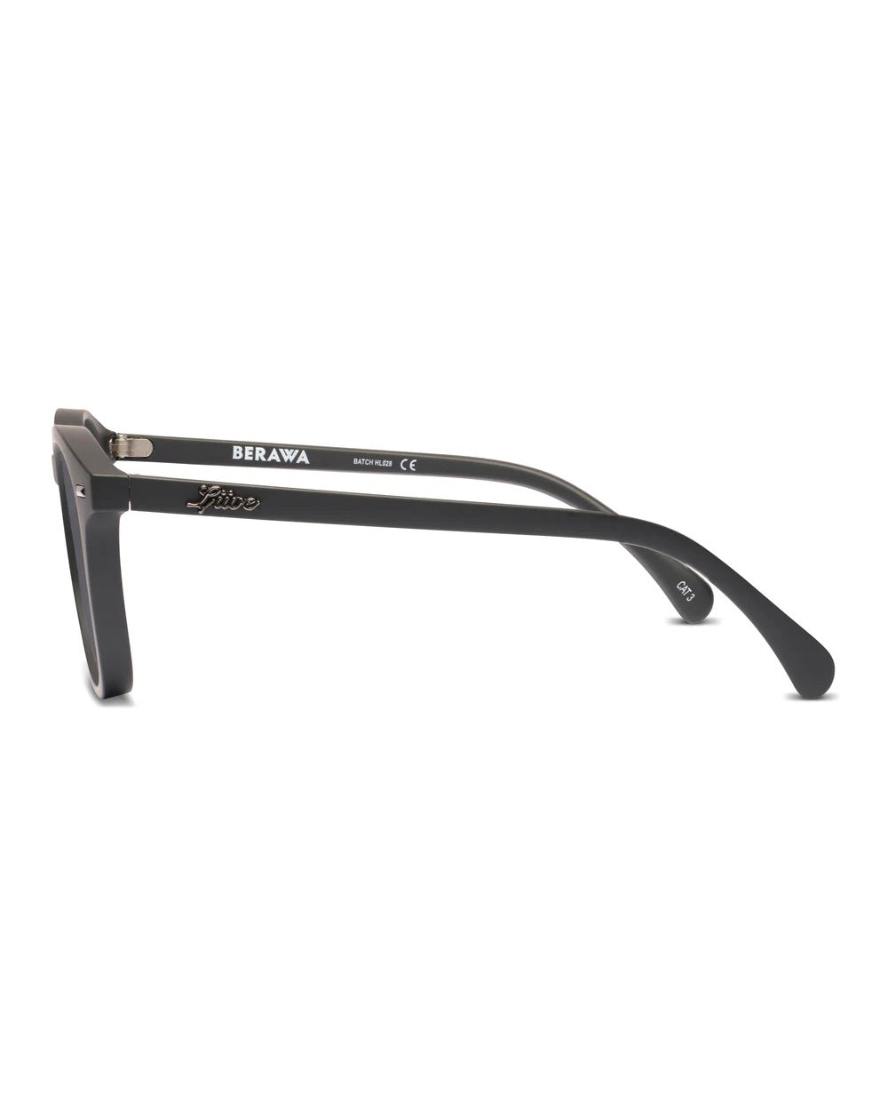 Side view of a pair of Liive Berawa Polar Sunglasses with thick black rectangular frames and UV protection. The arm is branded with "Berawa" in white text, offering a clean, modern design against a plain white background.