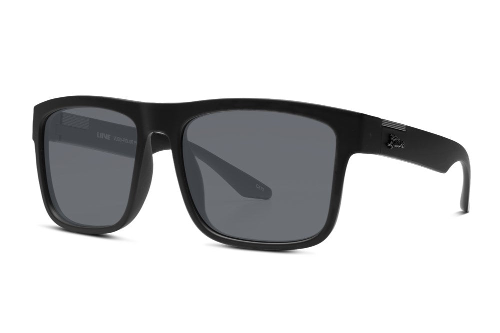 Liive Vudu Polar Sunglasses feature black rectangular polarised lenses with UV protection and a thick matte polycarbonate frame. The lightweight design includes a small logo on the side, providing an elegant contrast against the plain white background.