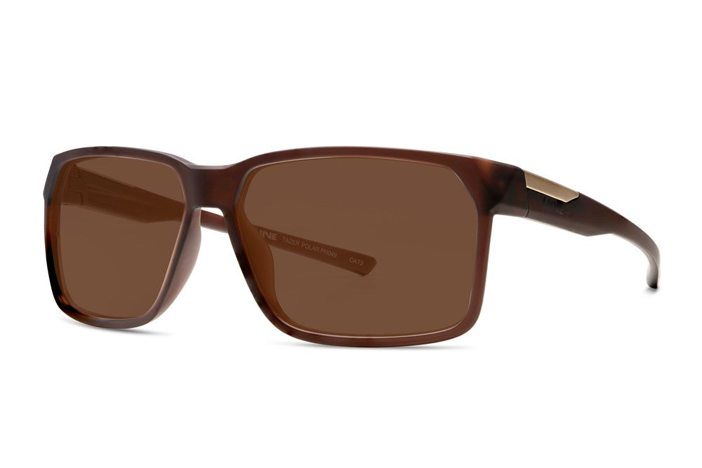 The Liive Tazer Polar Sunglasses feature rectangular brown polarized lenses with UV protection, glossy frames, and slightly angular edges. The lightweight polycarbonate arms boast metallic accents near the hinges for added elegance.