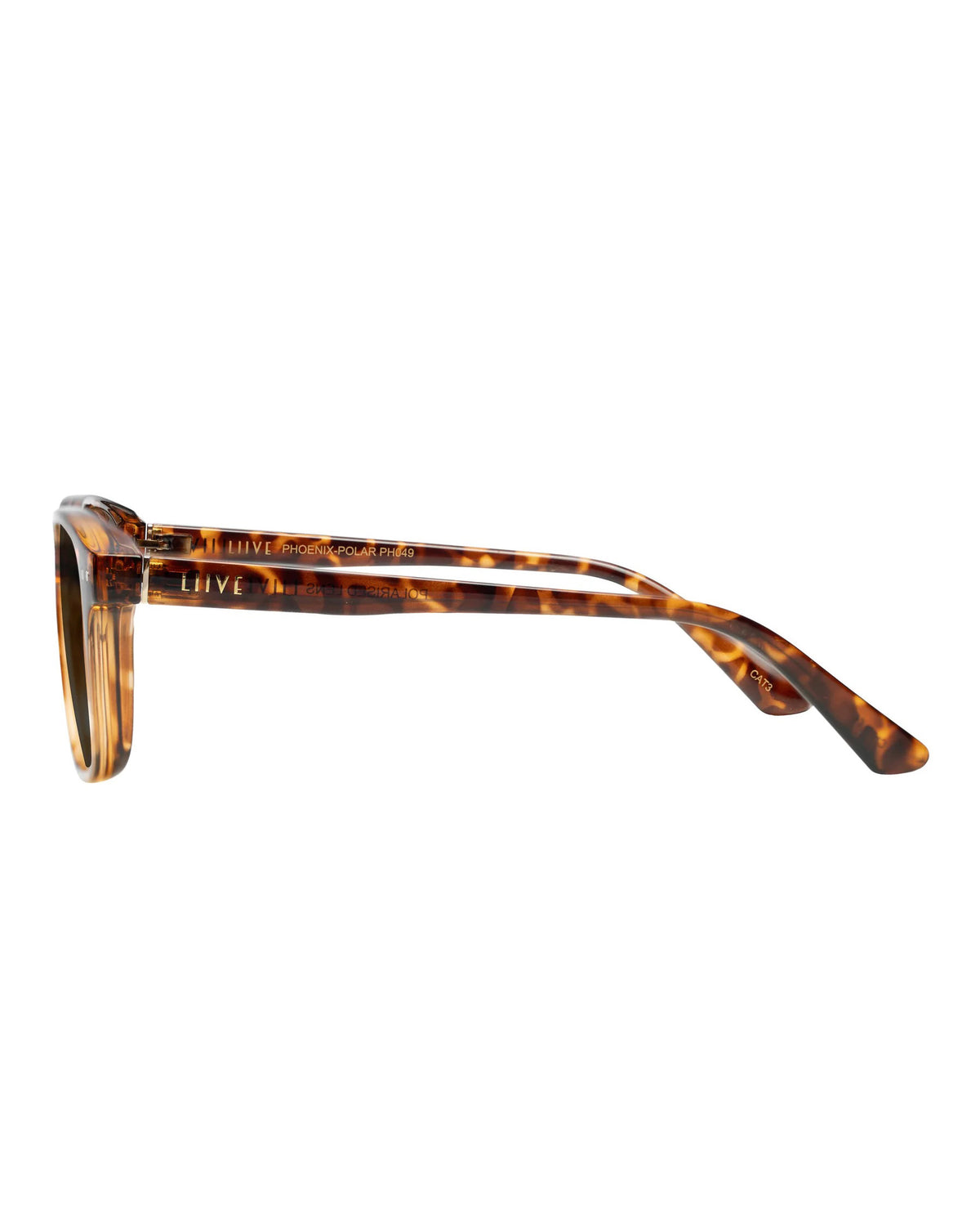 Side view of Liive Phoenix Polar Sunglasses featuring thin, brown tortoiseshell frames, grey polarized lenses for UV protection, slightly curved temples with a transparent section near the front, and a subtle brand name on the inner side.