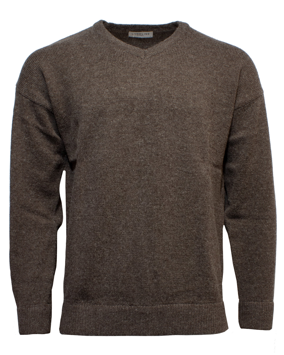 The Landline V-Neck Jumper, a plain brown knit sweater with long sleeves and a classic V-neck collar, is displayed against a white background, showcasing its cozy warmth and timeless winter style.