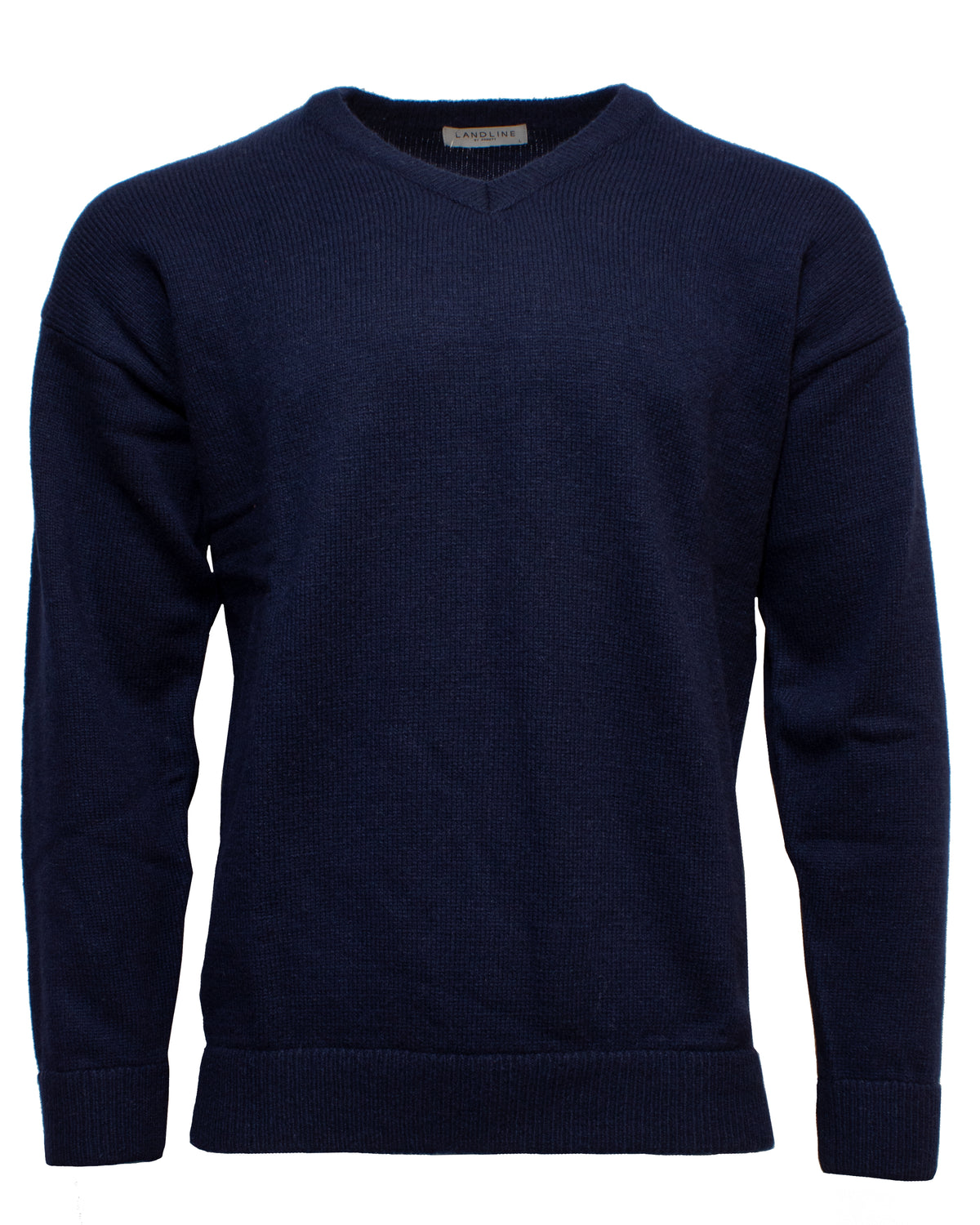 The Landline V-Neck Jumper is a classic, long-sleeved navy blue sweater crafted from knitted fabric, offering comfort and timeless style, shown on a white background.